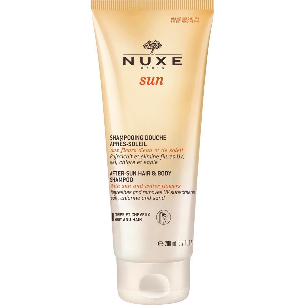 Tube mit Nuxe After-Sun Shampoo f&uuml;r Haare und K&ouml;rper, entfernt UV-Filter, Salz und Sand.