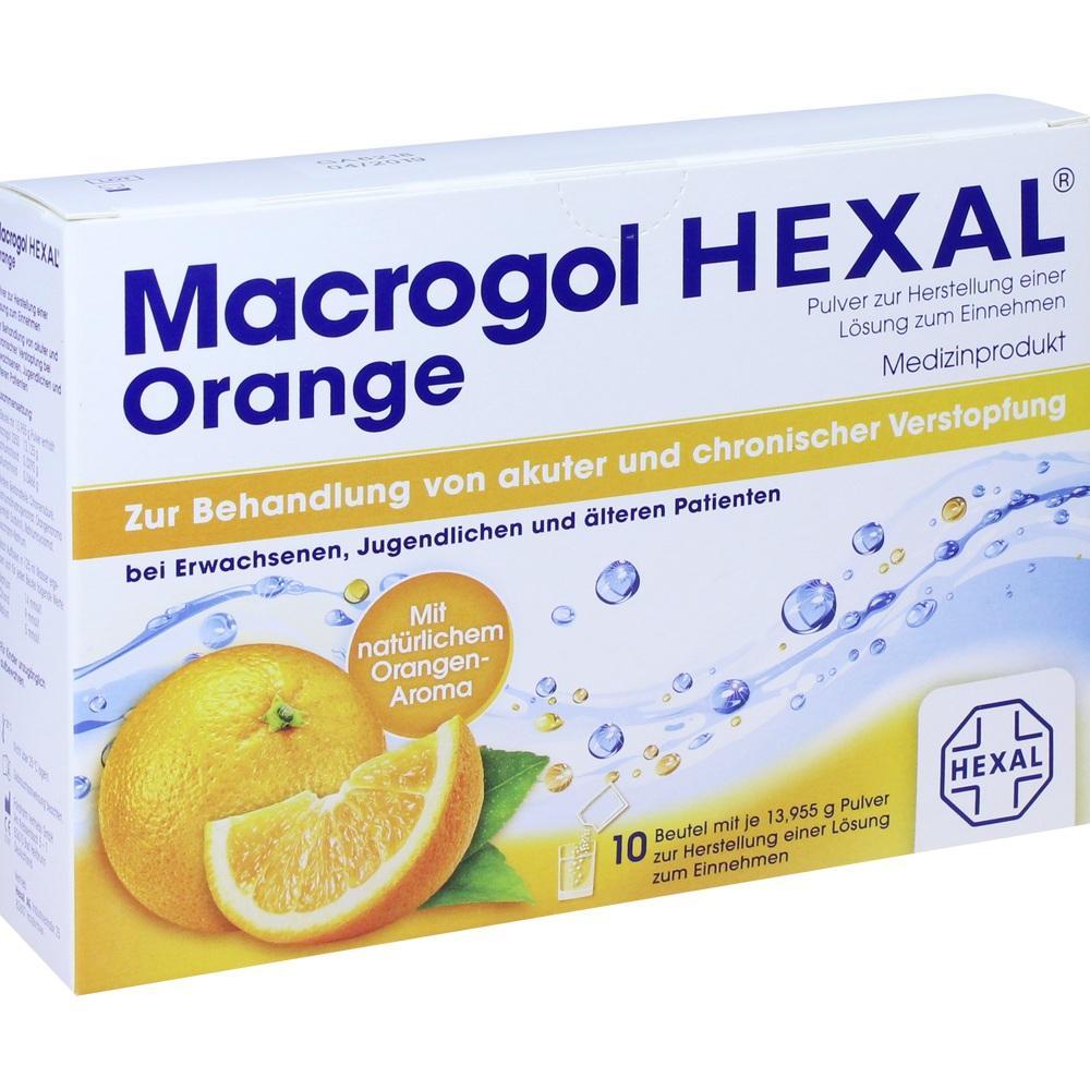 Packung eines medizinischen Produkts mit Orangengeschmack gegen Verstopfung.