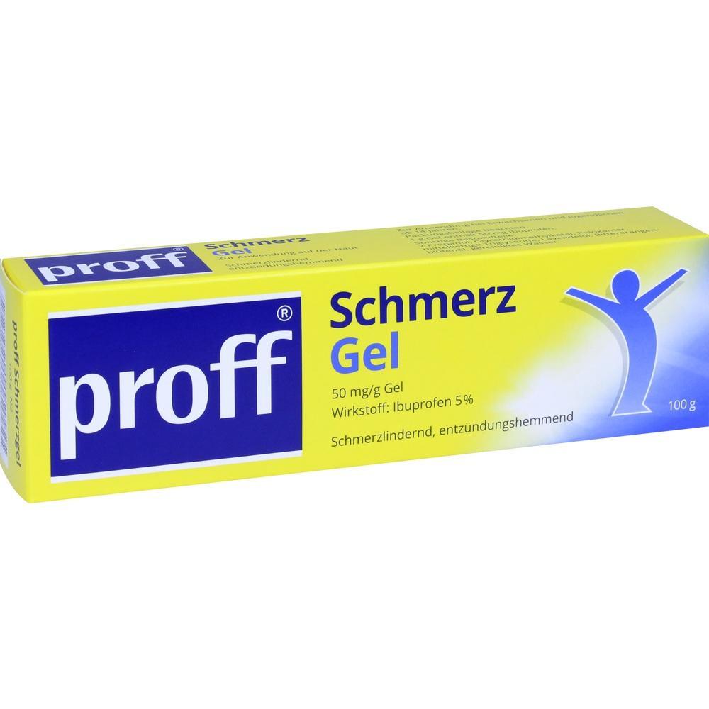 Gelbe Packung mit "proff Schmerz Gel" gegen Schmerzen.