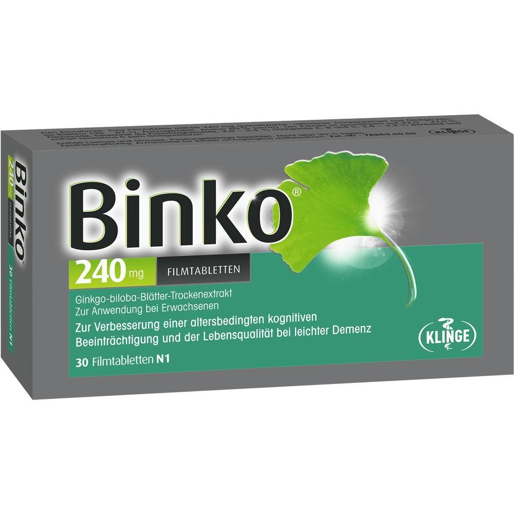 Schachtel mit Binko-Tabletten zur Verbesserung der kognitiven Funktionen bei Erwachsenen.