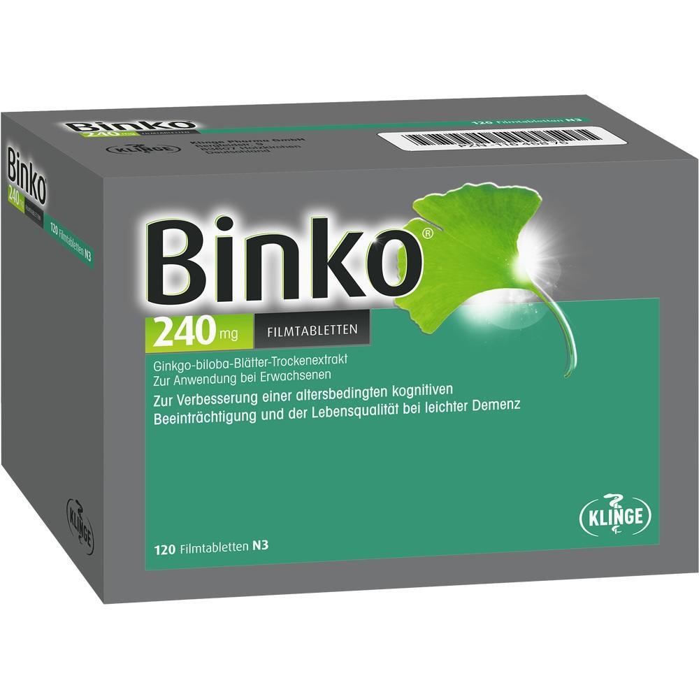 Grau-gr&uuml;ne Verpackung von Binko Tabletten mit Ginkgo-Blatt.