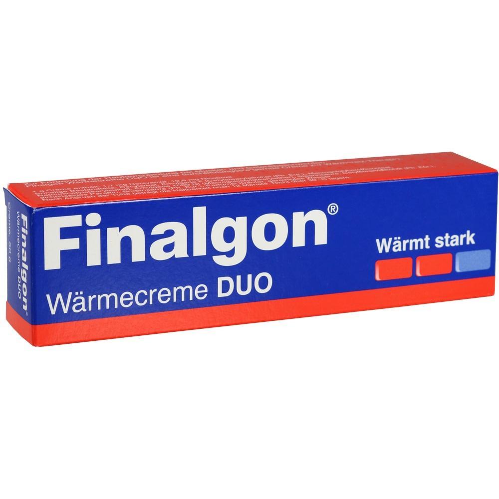 Eine rote und blaue Packung mit der Aufschrift "Finalgon W&auml;rmecreme DUO".