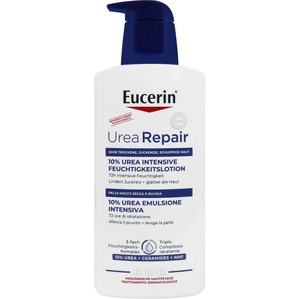 Wei&szlig;e Flasche Eucerin Urea Repair Feuchtigkeitslotion mit blauem Deckel.