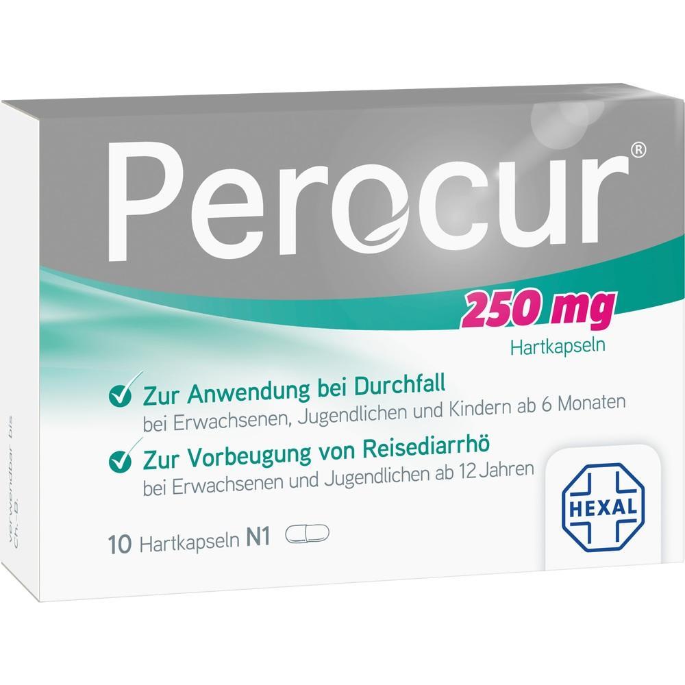 Verpackung von Perocur Hartkapseln, 250 mg, gegen Durchfall und Reisediarrh&ouml;.