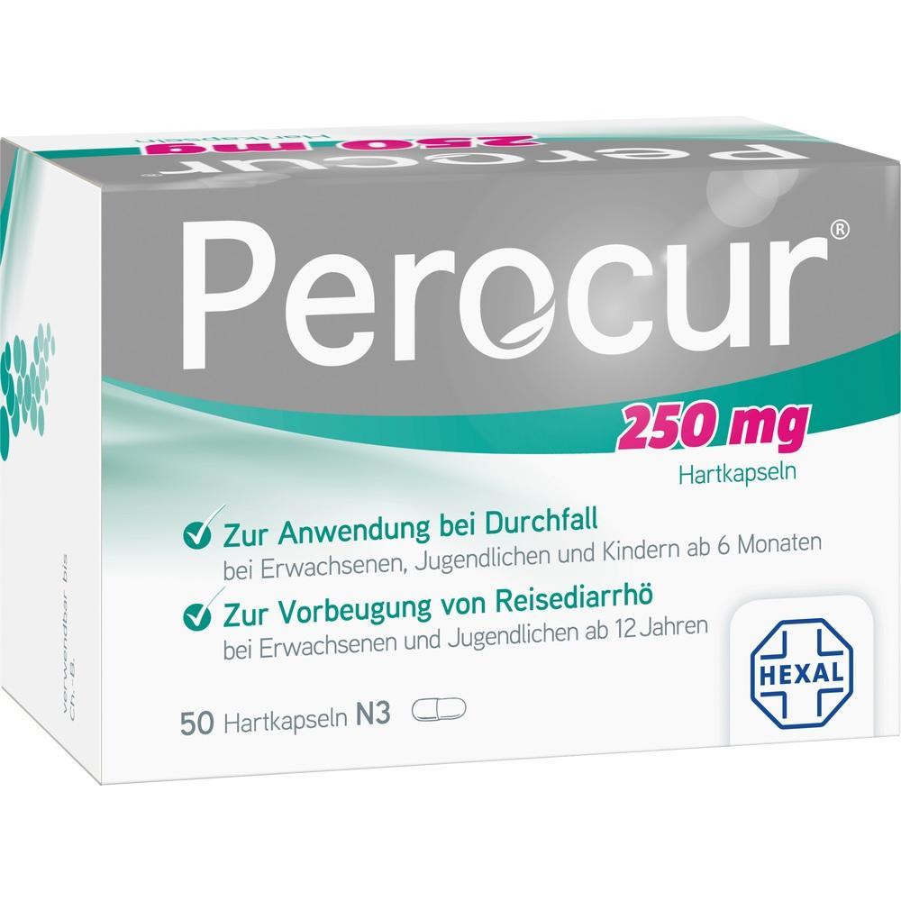 Eine Packung Perocur 250 mg Kapseln gegen Durchfall und Reisedurchfall.