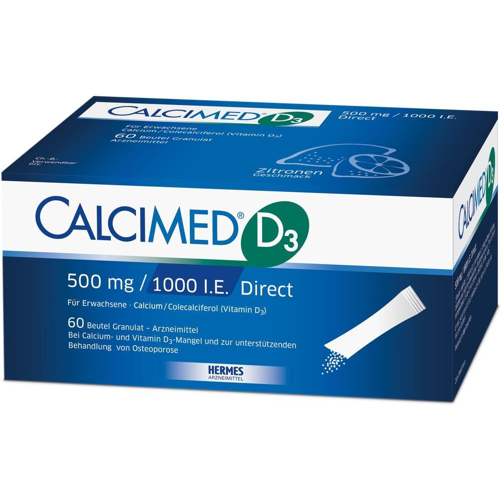 Eine blaue Packung von Calcimed D3 mit 60 Beuteln aus Granulat.