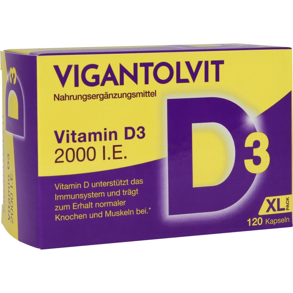 Eine Schachtel Vitamin-D3-Kapseln mit 2000 I.E. zur Unterst&uuml;tzung des Immunsystems.