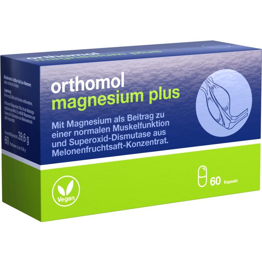 Eine Packung Orthomol magnesium plus mit 60 veganen Kapseln.