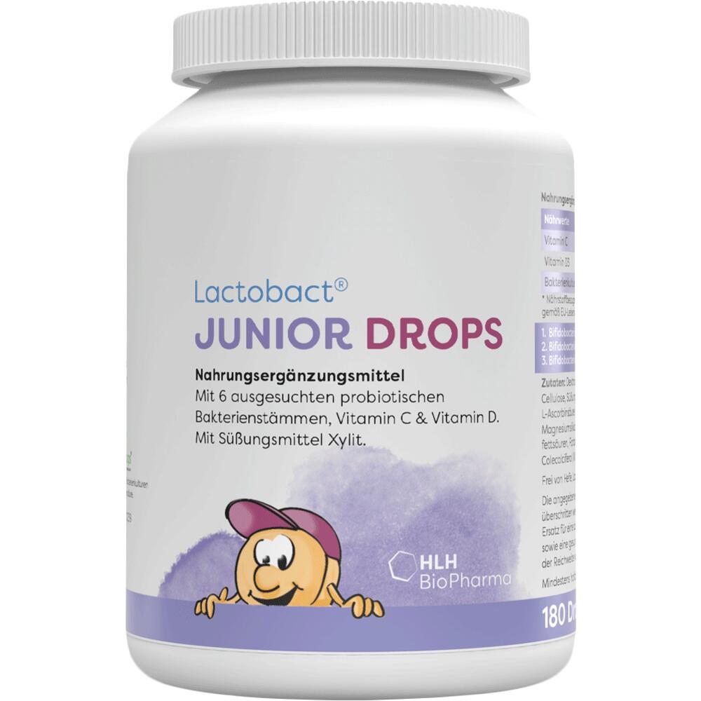Wei&szlig;e Dose mit der Aufschrift "Lactobact Junior Drops" und einem bunten Cartoon-Gesicht.