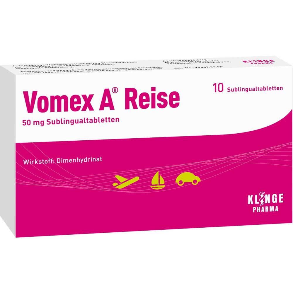 Pinkfarbene Verpackung von Vomex A Reise Tabletten gegen Reisekrankheit.