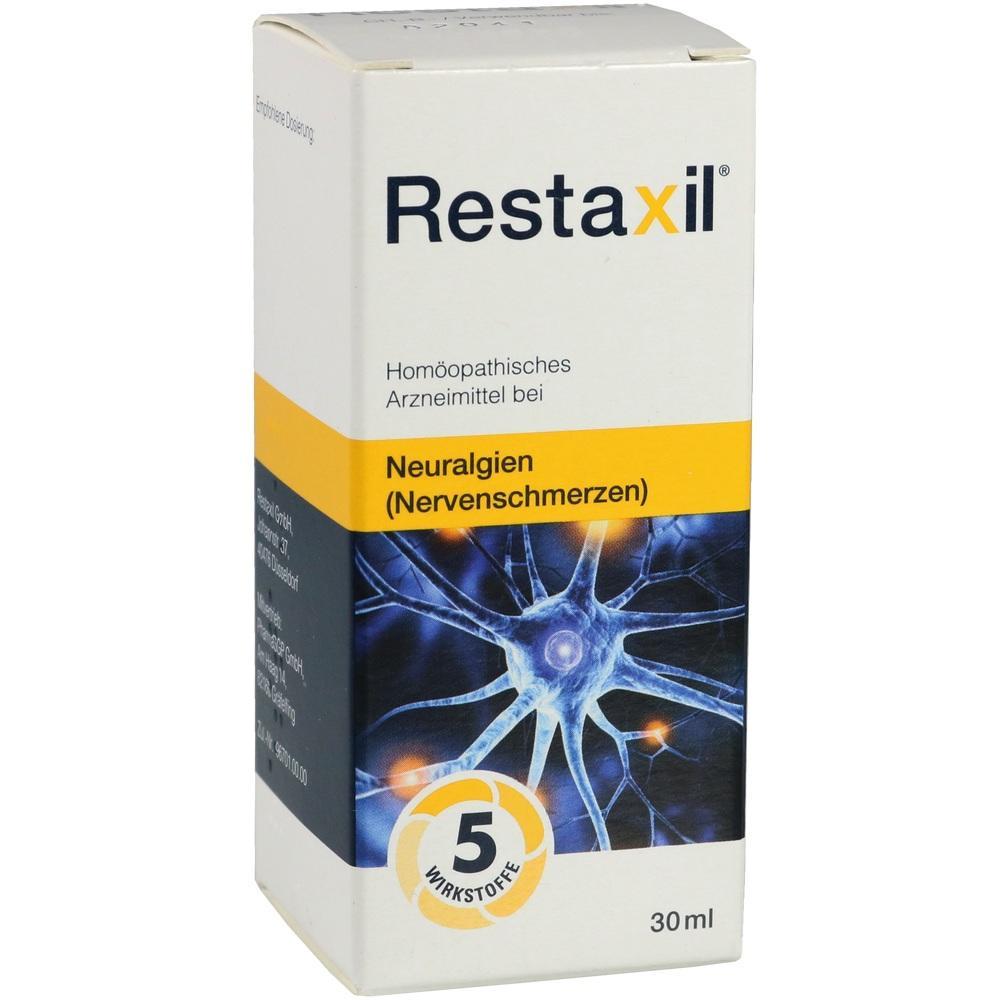 Wei&szlig;e Packung mit Text "Restaxil" f&uuml;r Nervenschmerzen, 30 ml hom&ouml;opathisches Arzneimittel.