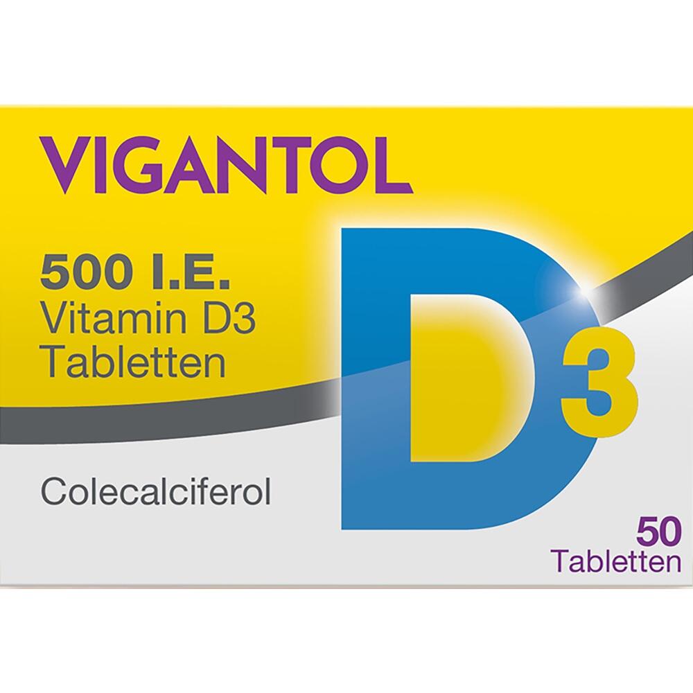 Gelb-wei&szlig;e Verpackung von Vitamin D3 Tabletten mit der Aufschrift "Vigantol".