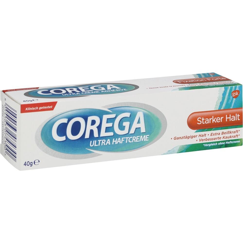 Eine Verpackung der Corega Ultra Haftcreme f&uuml;r Zahnersatz mit starkem Halt.
