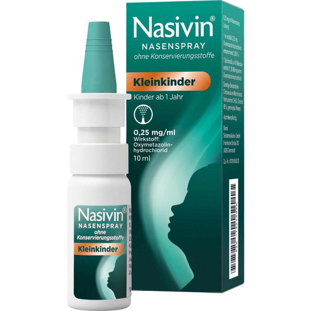 Nasenspray f&uuml;r Kleinkinder ab 1 Jahr, 10 ml Flasche und Verpackung.