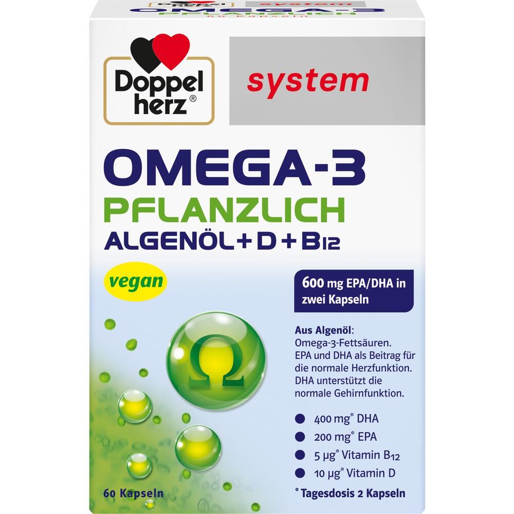 Vegane Omega-3-Kapseln mit Vitamin D und B12 von Doppelherz.