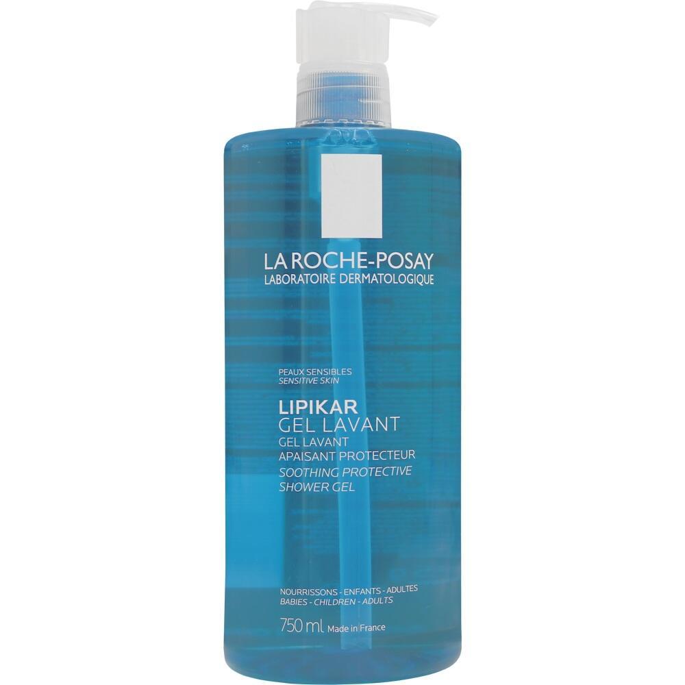 Gro&szlig;e Flasche mit blauem Duschgel und einem Pumpspender.