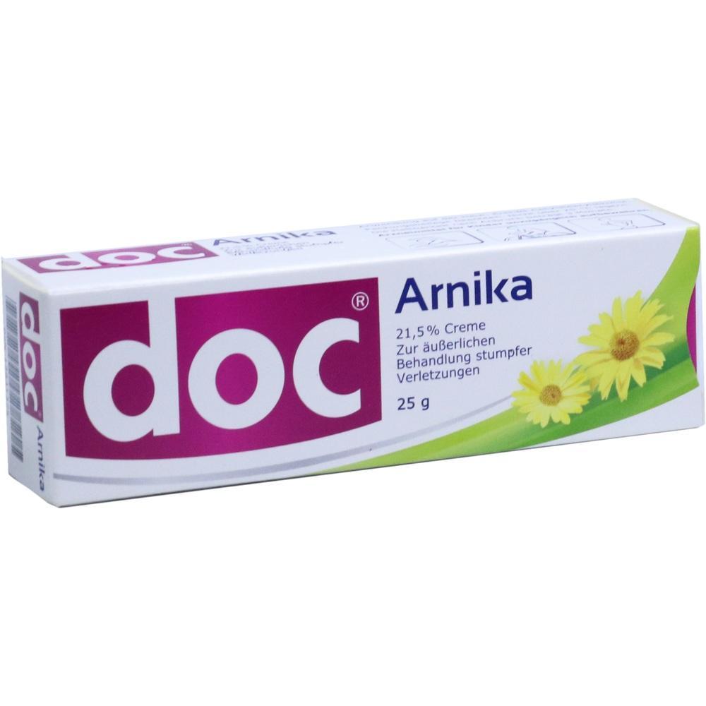 Eine Verpackung der "doc Arnika"-Creme mit gelben Blumen.