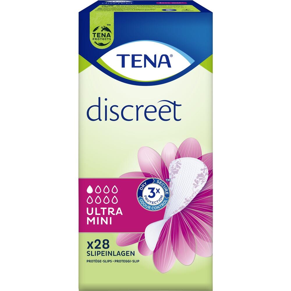 Verpackung von TENA Ultra Mini Slipeinlagen mit rosa Blumenmuster.