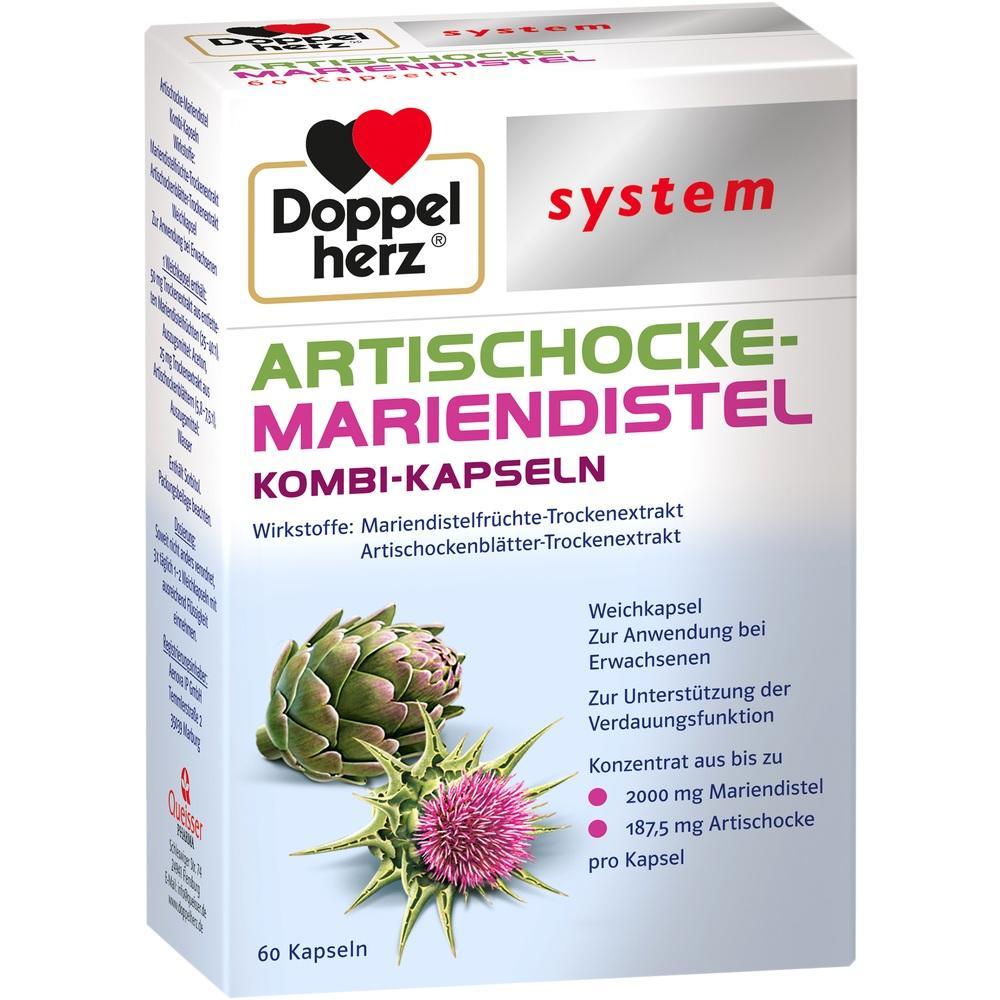 Eine Packung Doppelherz-Kapseln aus Artischocke und Mariendistel mit einem Herzlogo.