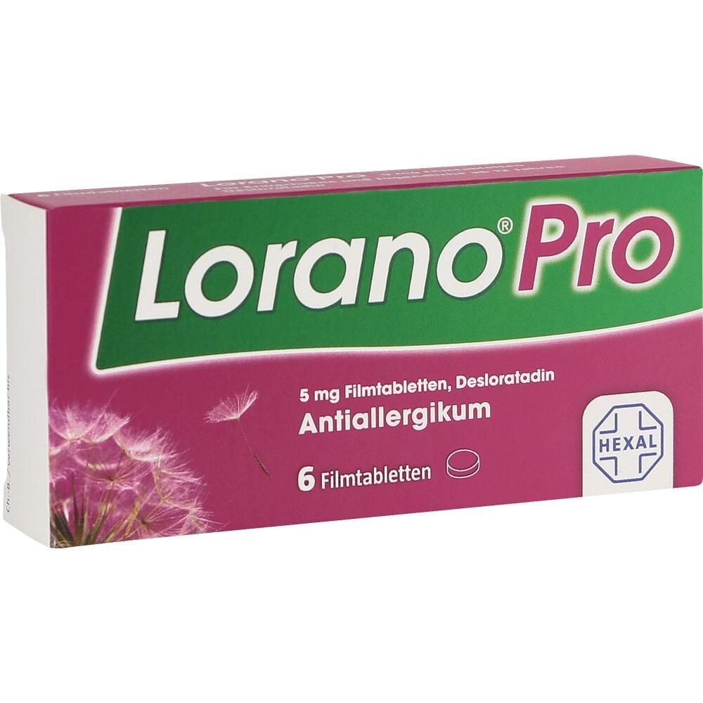 Verpackung von Lorano Pro, einem Anti-Allergie-Medikament mit sechs Filmtabletten.