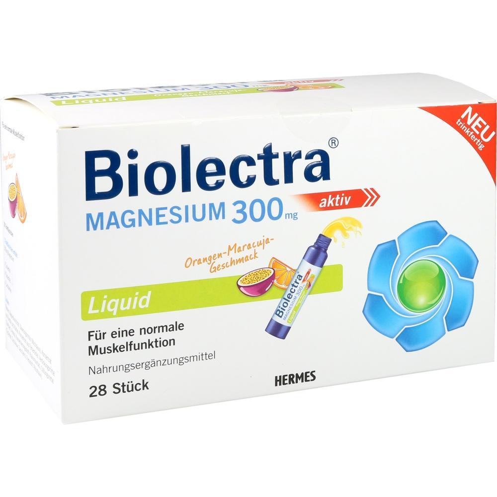 Packung Biolectra Magnesium 300 mg Trinkampullen mit Orangen-Maracuja-Geschmack.