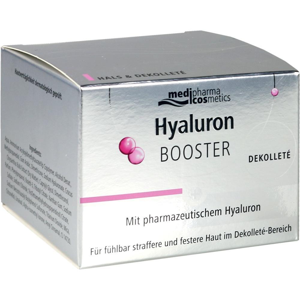 Silberne Verpackung mit der Aufschrift "Hyaluron Booster Dekollet&eacute;".