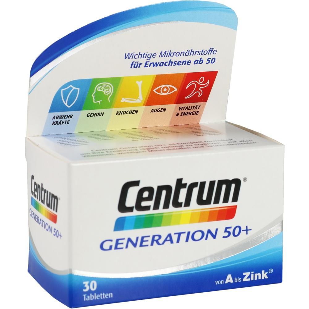 Verpackung von Centrum Generation 50+ mit 30 Tabletten f&uuml;r Erwachsene ab 50.