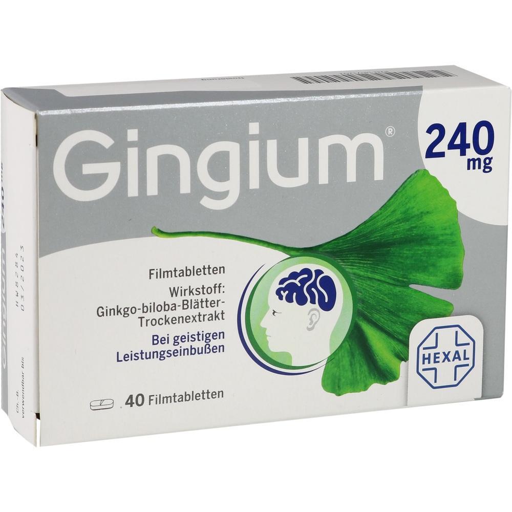 Eine Packung Gingium Tabletten mit 240 mg Wirkstoff und einem gr&uuml;nen Blatt als Dekor.