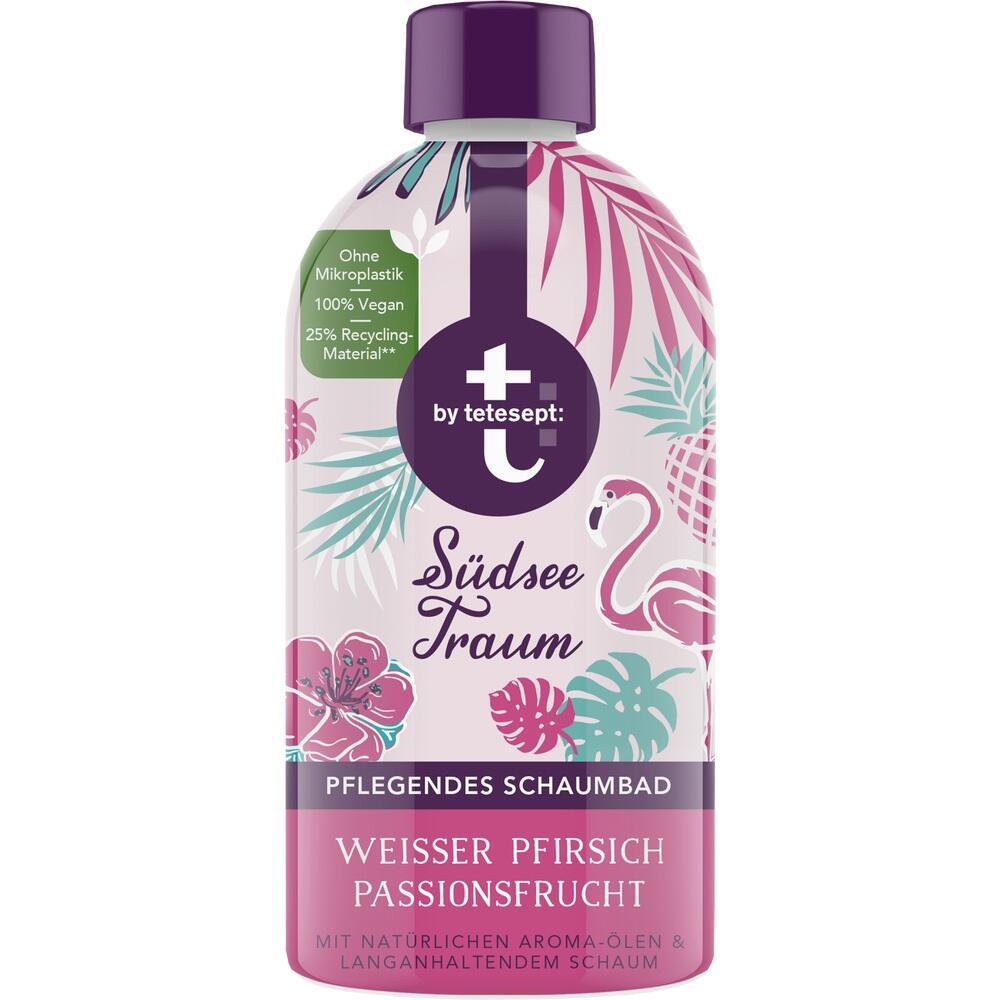 Flasche mit Schaumbad in tropischem Design und Flamingo-Motiv.