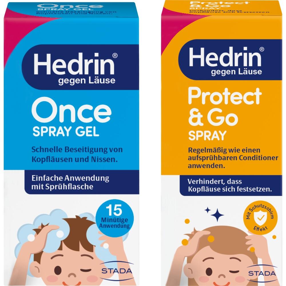 Zwei Verpackungen von Kopfl&auml;use-Sprays mit buntem Design.