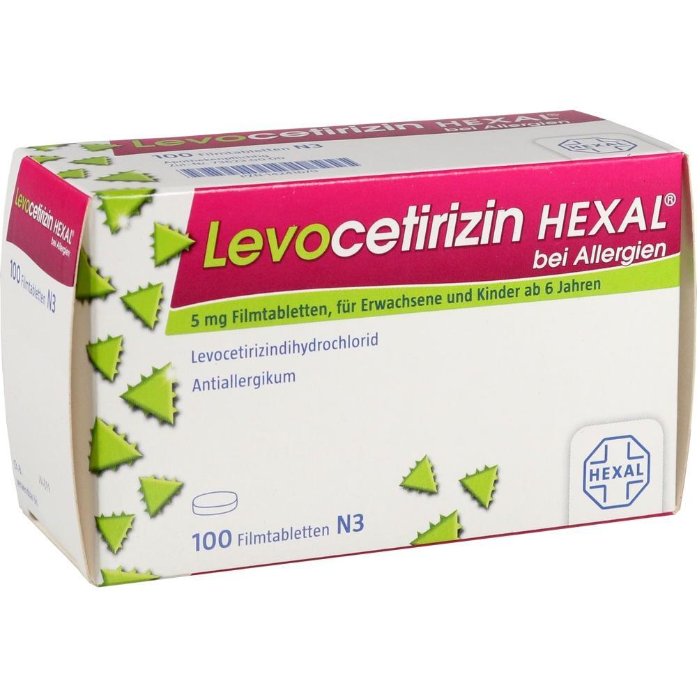 Eine Packung Levocetirizin HEXAL Tabletten gegen Allergien.