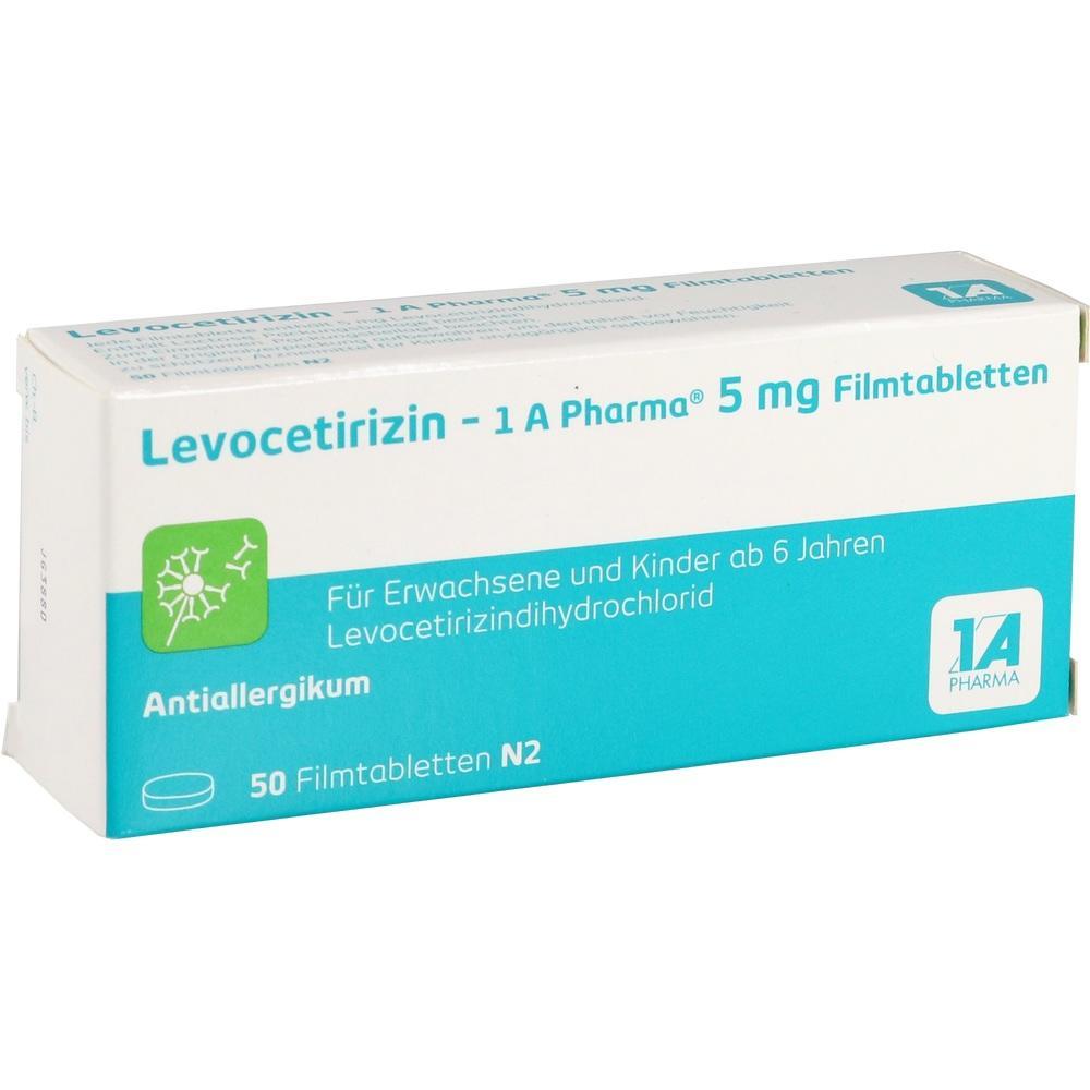 Wei&szlig;e Packung Levocetirizin 5 mg Tabletten, Antiallergikum f&uuml;r Erwachsene und Kinder ab 6 Jahren.