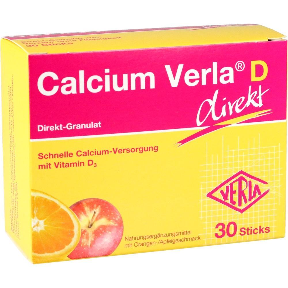 Eine gelb-rote Packung von Calcium Verla D mit Orangen- und Apfelgeschmack.