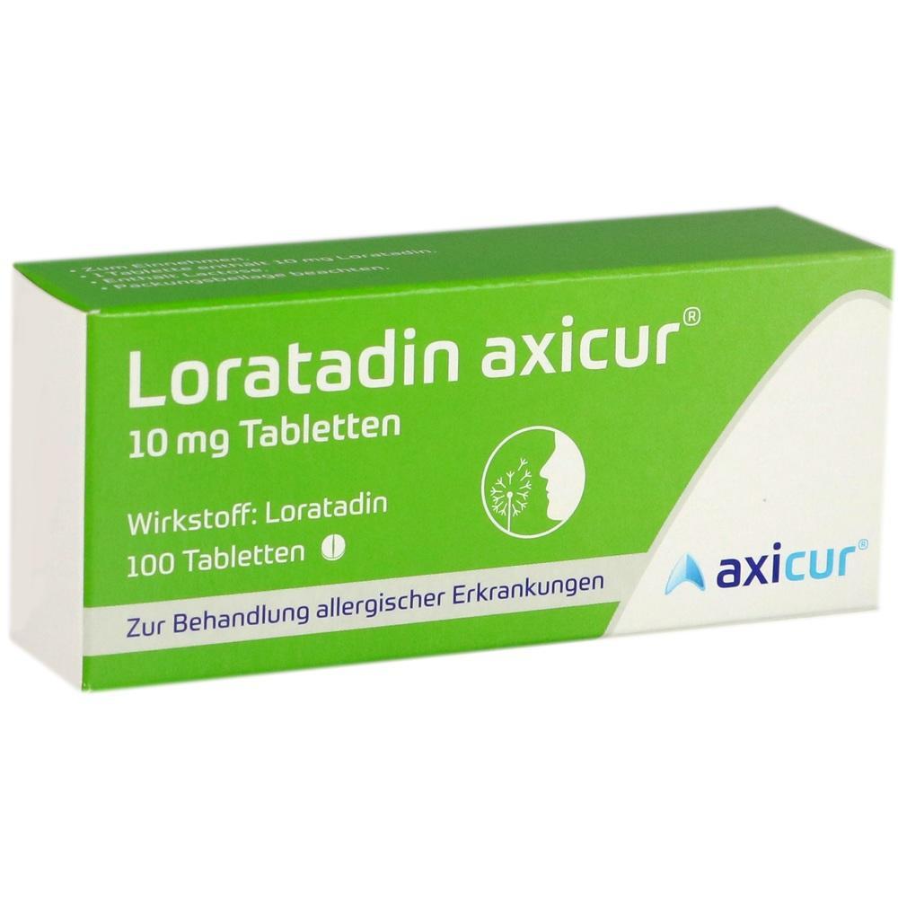 Gr&uuml;ne Packung mit "Loratadin axicur" Tabletten gegen Allergien.