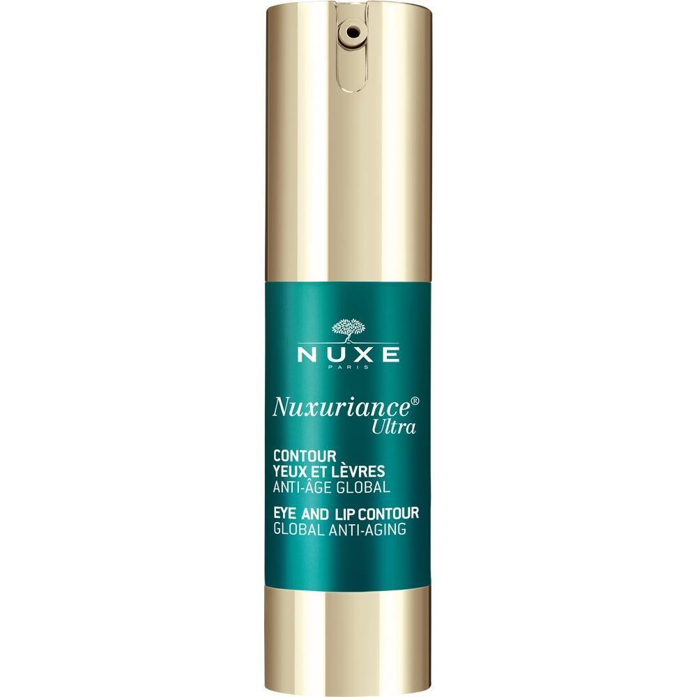 Goldene Flasche mit gr&uuml;nem Etikett von Nuxuriance Ultra, einem Anti-Aging-Produkt.