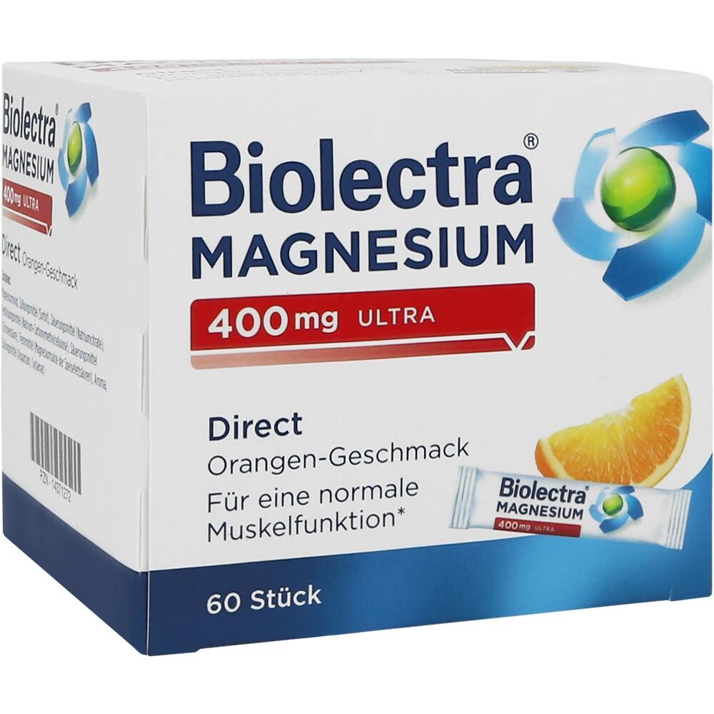 Weiße Packung mit Biolectra Magnesium, Orangengeschmack, 60 Stück.