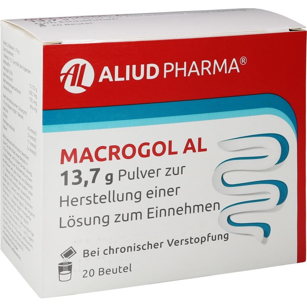 Verpackung von Macrogol AL Pulver zur Behandlung von Verstopfung, 20 Beutel.
