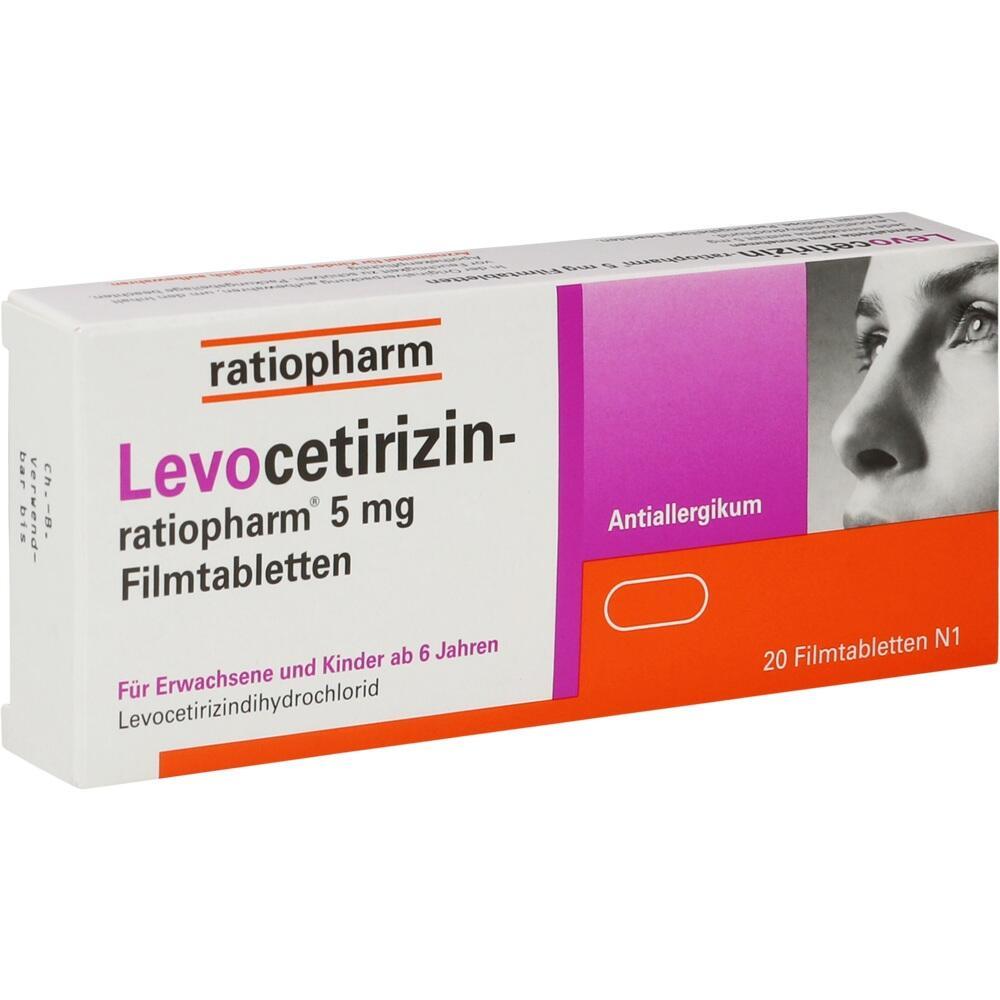 Packung Levocetirizin Tabletten von Ratiopharm gegen Allergien.