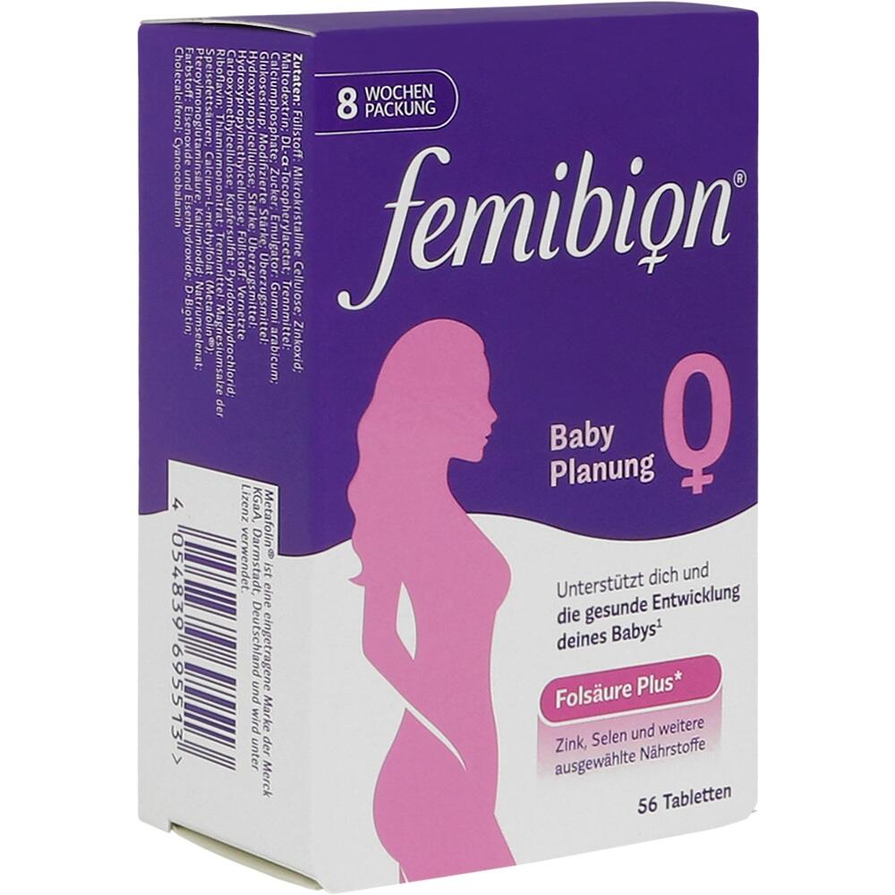 Lila Verpackung von "Femibion" mit einer pinken Silhouette einer Frau darauf.