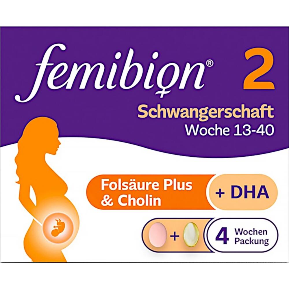 Eine Packung Femibion 2 f&uuml;r Schwangere zur Unterst&uuml;tzung der gesunden Entwicklung des Babys.
