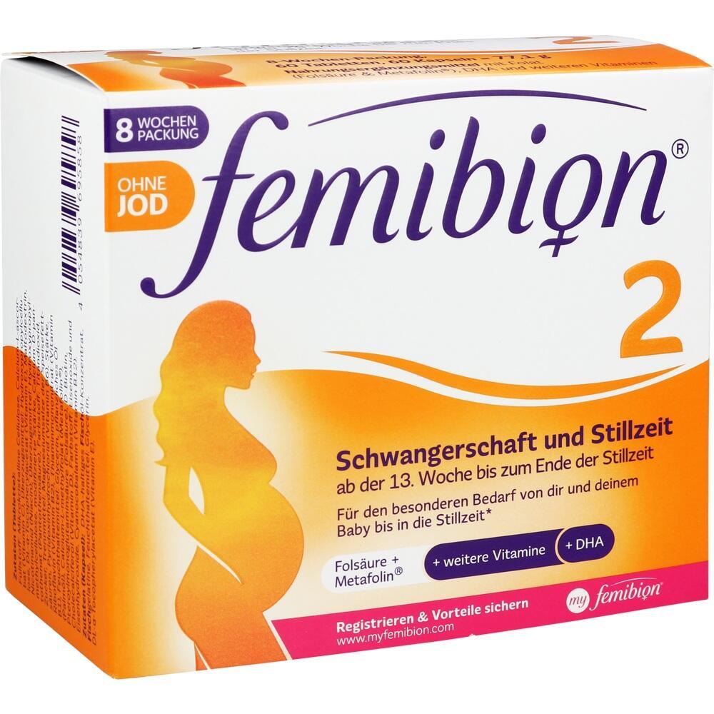 Eine Packung Vitamine f&uuml;r Schwangerschaft und Stillzeit mit orangefarbenem Design.