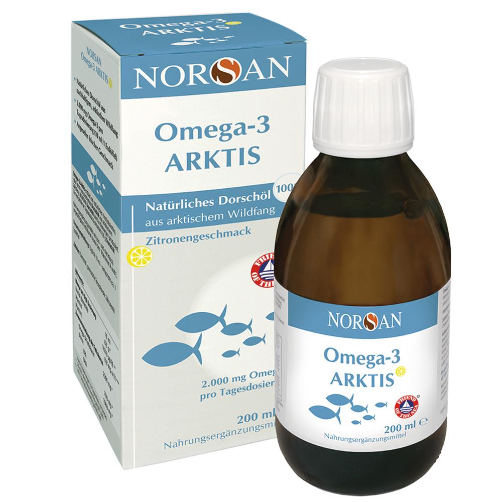 Flasche und Verpackung von Omega-3 Dorschöl mit Zitronengeschmack.