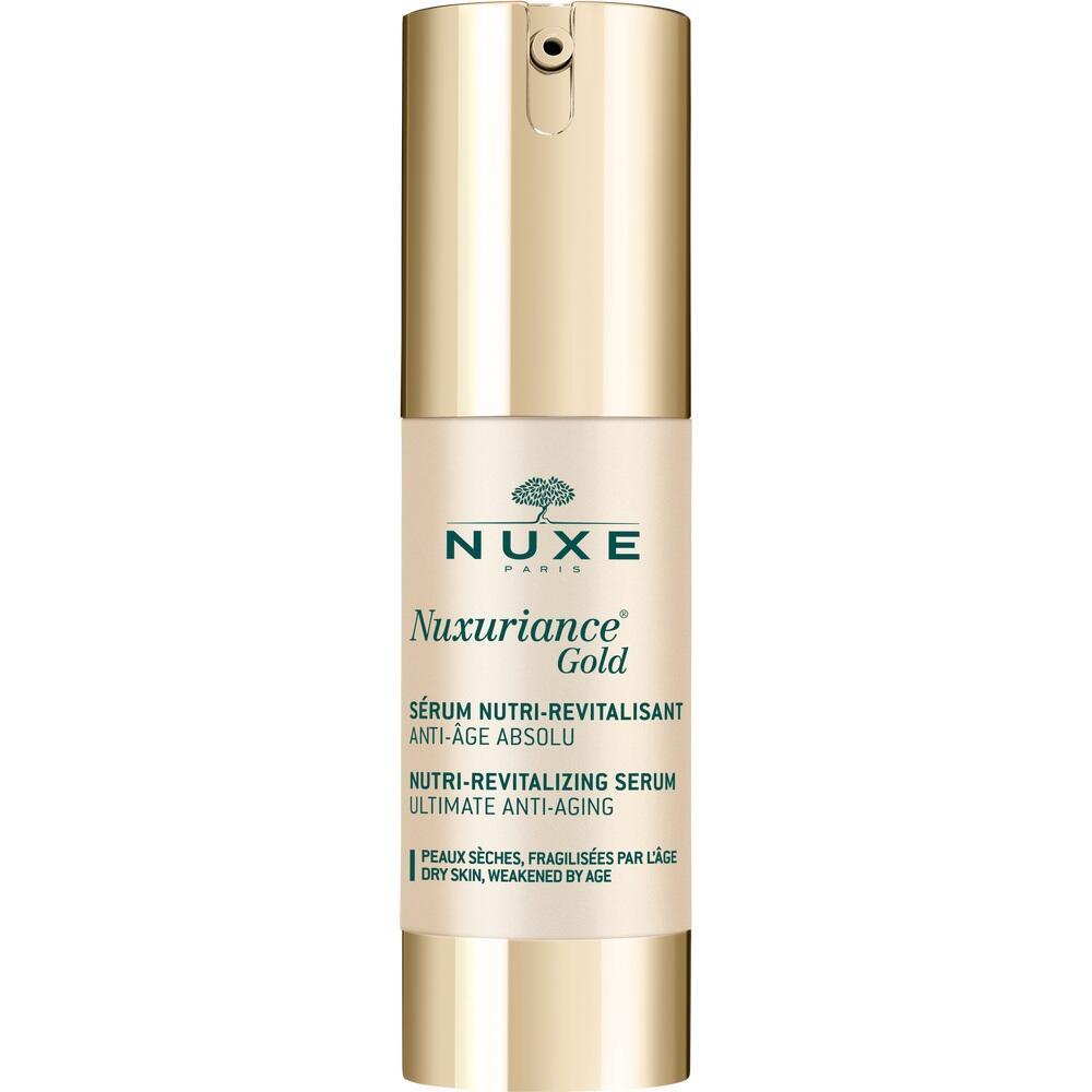 Ein goldfarbener Flakon mit einem Anti-Aging-Serum von Nuxe.