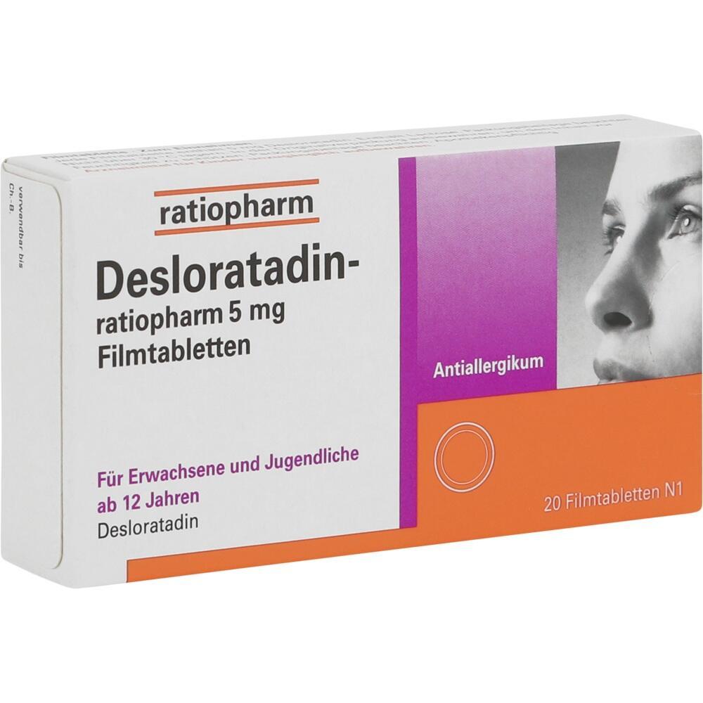 Packung mit 20 Tabletten Desloratadin gegen Allergien, f&uuml;r Personen ab 12 Jahren.