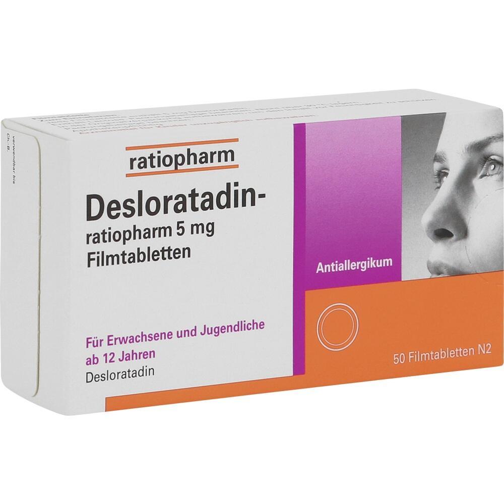 Packung Desloratadin Tabletten von Ratiopharm gegen Allergien.