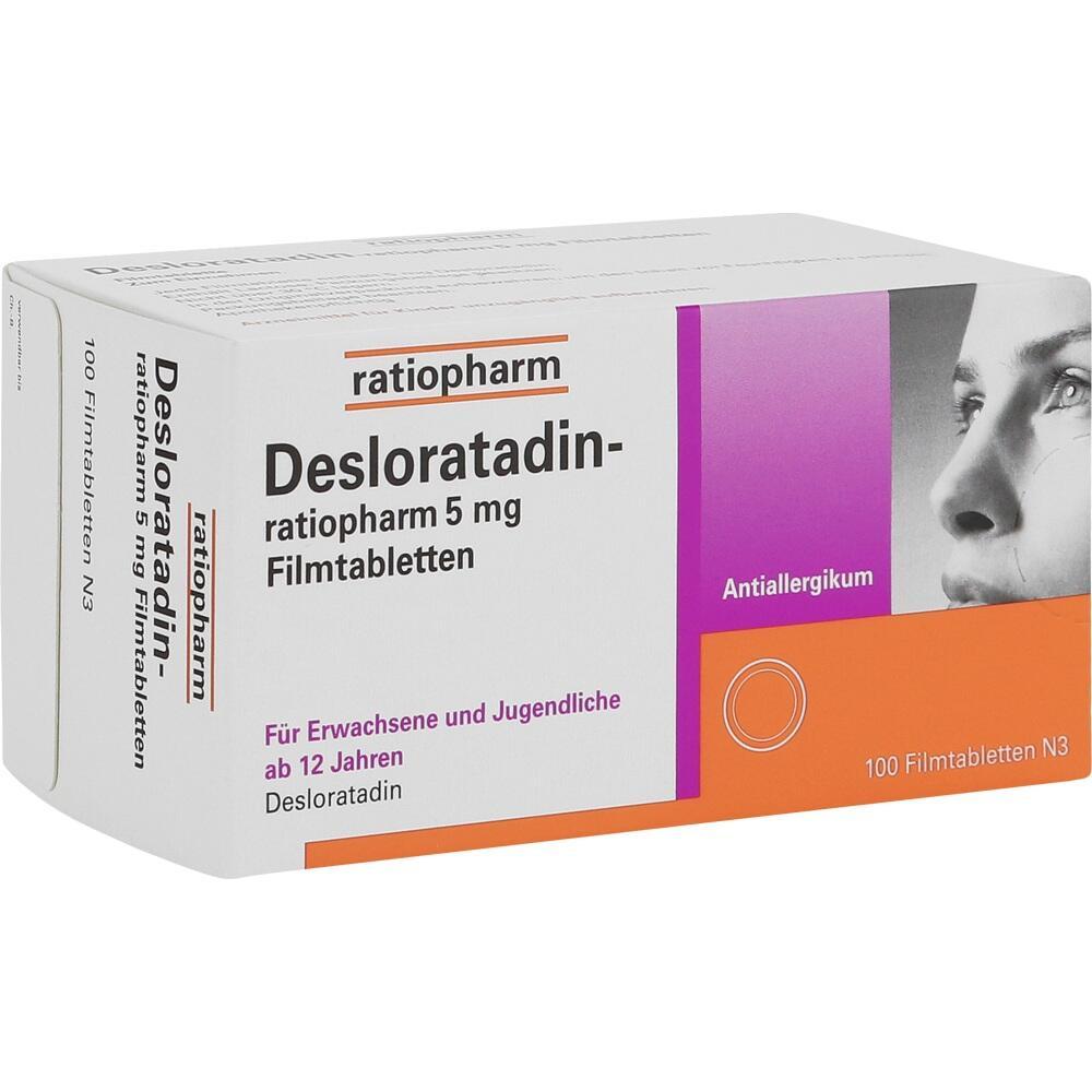 Eine Schachtel Desloratadin Tabletten von Ratiopharm gegen Allergien.