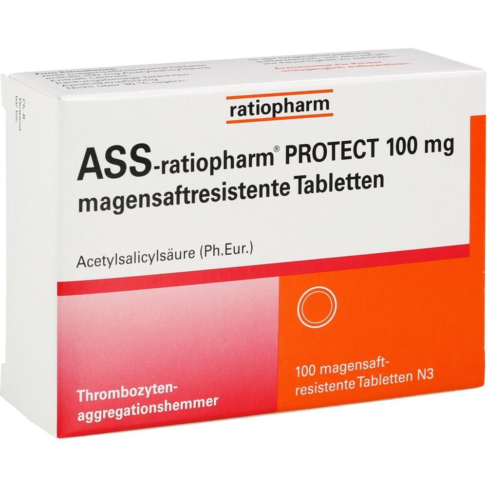 Wei&szlig;e Schachtel mit Aufschrift "ASS-ratiopharm PROTECT 100 mg" in Schwarz und Rot.