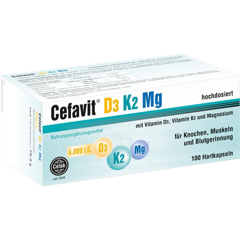 Eine Packung Cefavit Kapseln mit Vitamin D3, K2 und Magnesium.