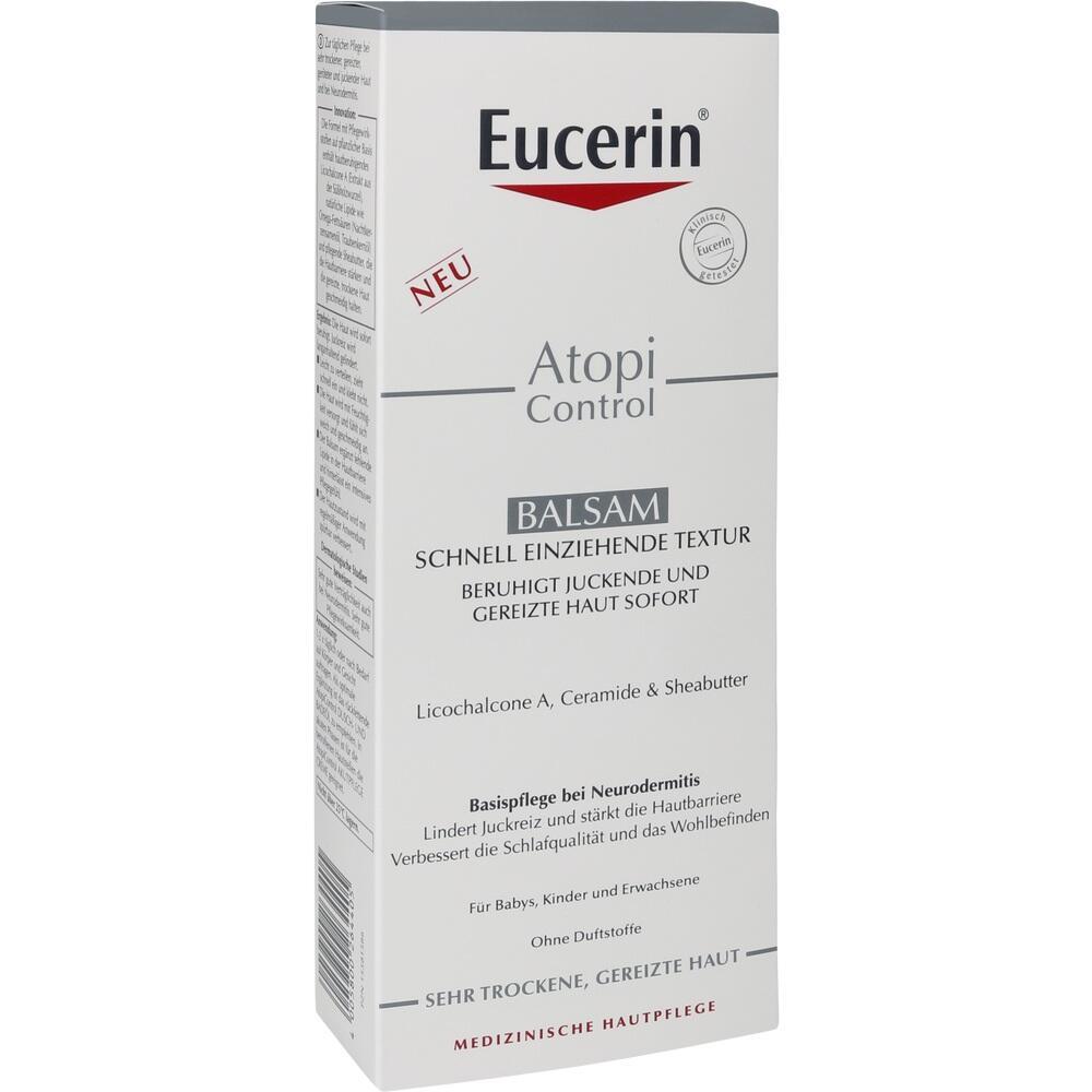 Eine Eucerin AtopiControl Balsam-Verpackung f&uuml;r gereizte Haut.