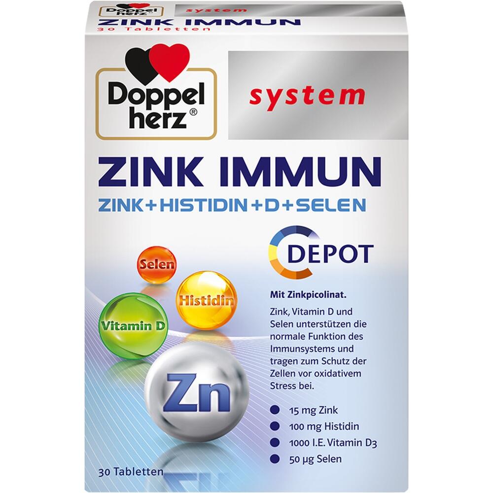 Verpackung von Doppelherz Zink Immun mit Vitaminen und Mineralstoffen.